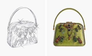 The photo on the left shows an illustration of a Prada bag, with different beetles on it. The photo on the right shows a real version of the bag in green color.
