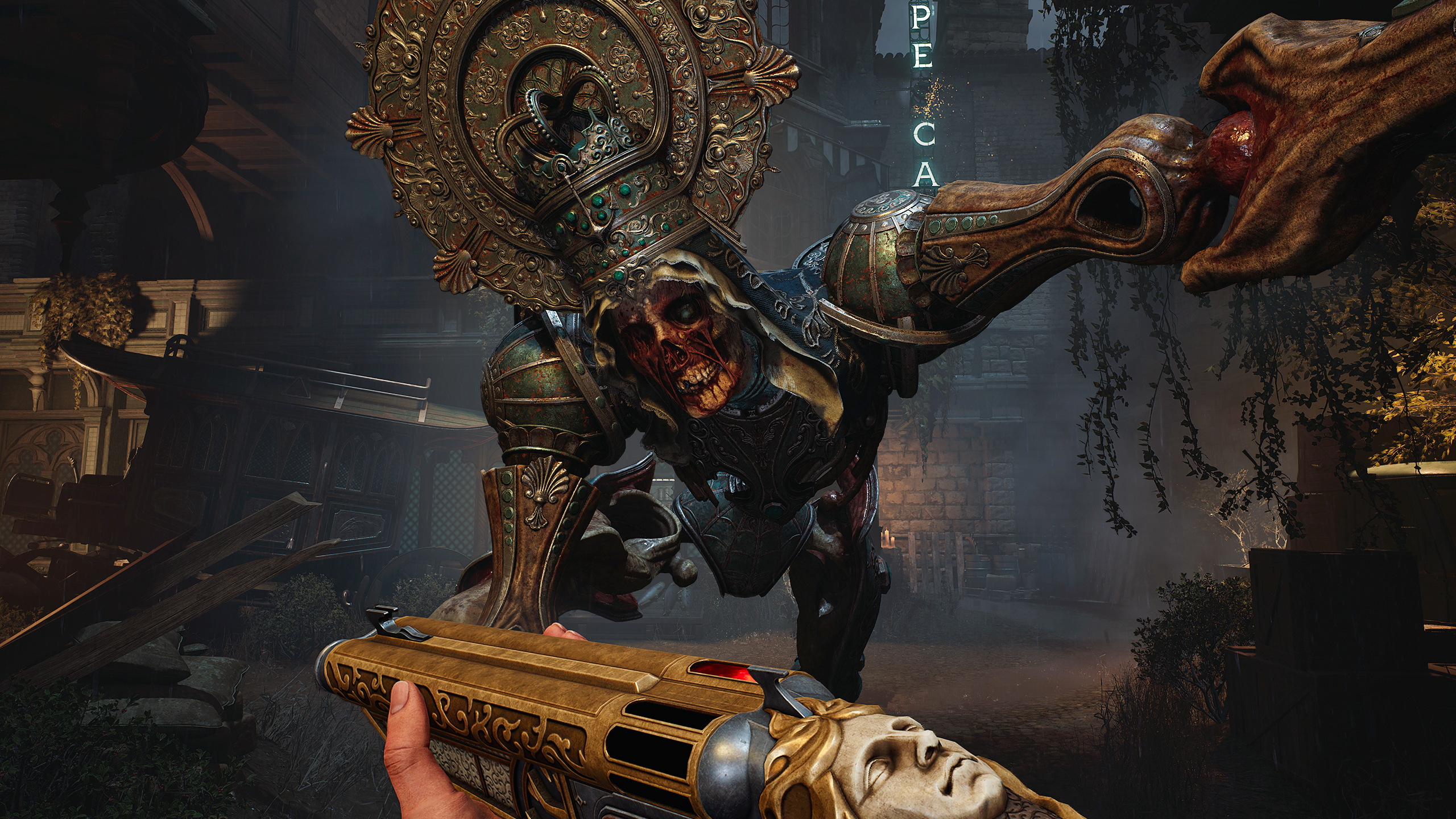 A screenshot shows a large mannequin monster reaching toward the player holding a gun in first person