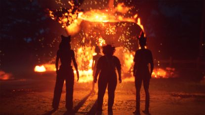 The girls stand in front of a raging fire in Lost Records: Bloom & Rage - Tape 2 while wearing masks