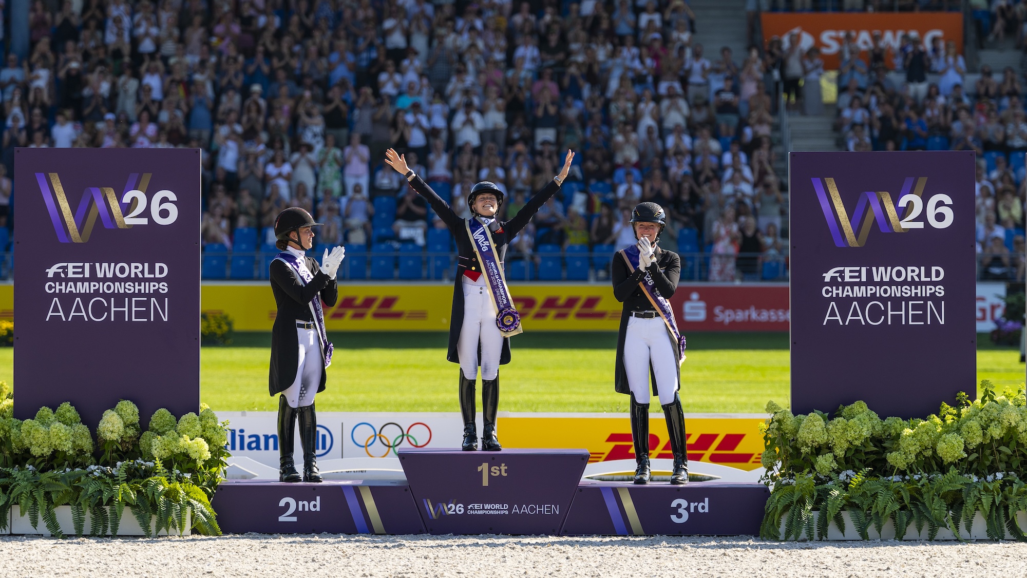 Podium Grand Prix Special
1. Charlotte Fry, 2. Cathrine Laudrup Dufour, 3. Katharine Hemmer
FEI Dressage World Championship, Aachen (GER) 2026
Grand Prix Sp&amp;eacute;cial Individual Final
MEGGLE-Prize
&amp;copy; FEI/Leanjo de Koster