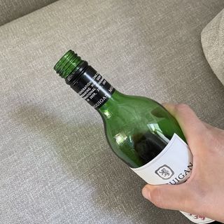 Hand holding a wine bottle over the Swyft Model Sofa bed
