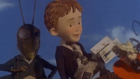 James with his grasshopper friend in James and the Giant Peach