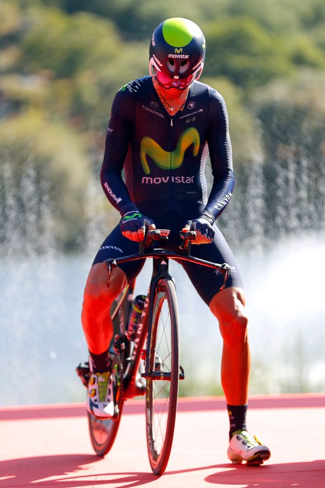 Movistar's Alejandro Valverde waits for the start