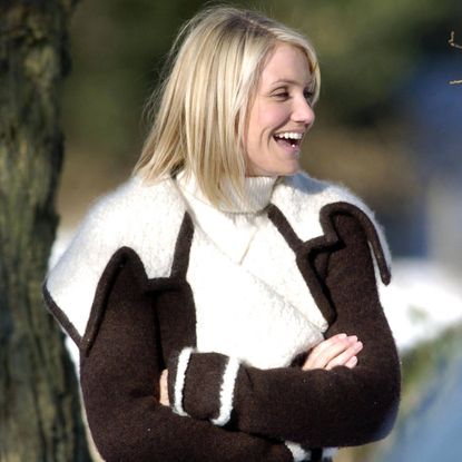 Cameron Diaz smiling in a winter coat
