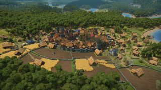 A walled medieval town in an exaggerated style from videogame Foundation.