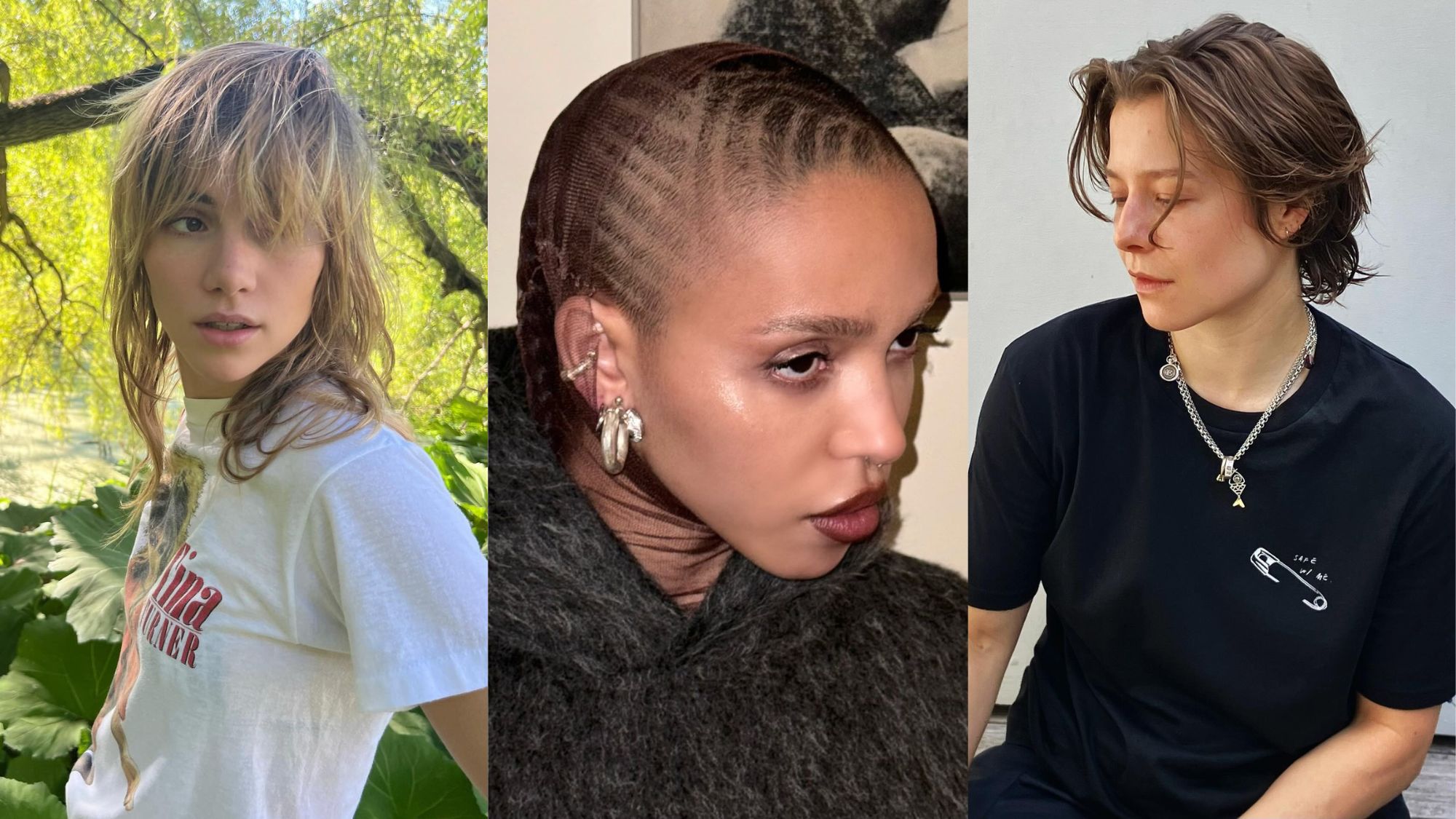 A tri-split image of Suki Waterhouse, FKA Twigs, and Emma D’Arcy sporting androgynous hairstyles.