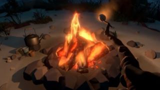 Roasting marshmallows on a campfire in Outer Wilds.