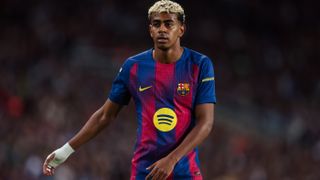 Lamine Yamal in action for the first time after his injury against Real Sociedad in La Liga. 