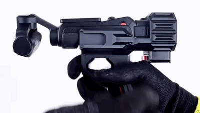 Animation of pistol grip for Insta360 Luna being held and operated a bit like a handgun