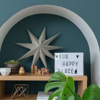 blue wall wooden shelve plant pot showpieces and text box
