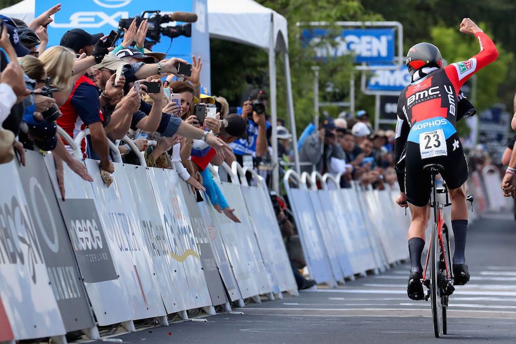 Got it! Tejay van Garderen punches the air having taken out both the stage win and the overall lead at the 2018 Tour of California after the stage 4 TT