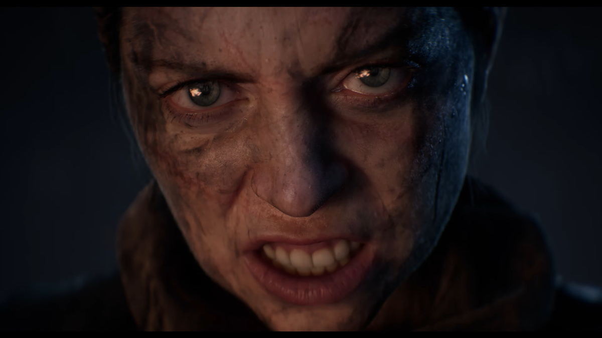 A close up of Senua&#039;s face, showing off the facial animation work being done for Hellblade 2.