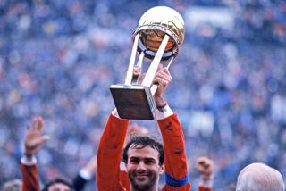 Antonio Cabrini of Juventus lifts the Intercontinental Cup after victory over Argentinos Juniors in December 1985.