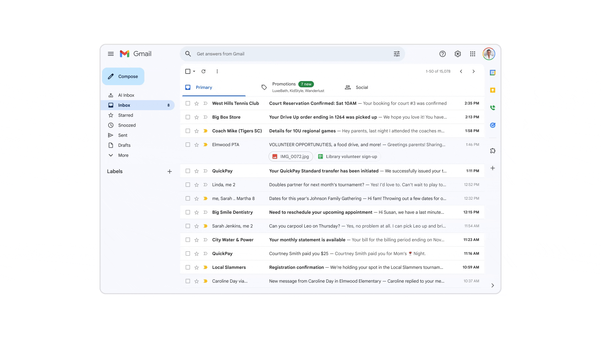Gmail's new AI Inbox feature in action