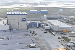 An aerial view of tornado damage at NASA's Michoud Assembly Facility taken one day after a tornado struck the center in New Orleans center on Feb. 7, 2017.