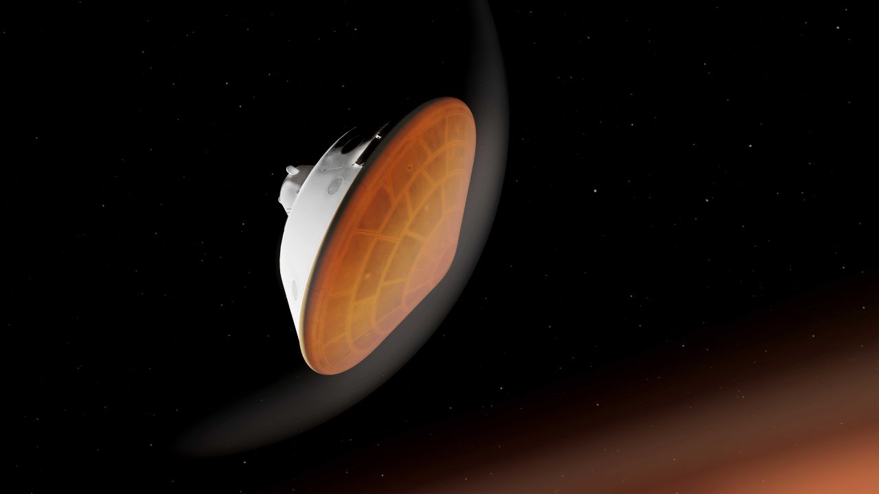 The surface of Mars 2020's heat shield will get as hot as 2,370 degrees Fahrenheit (1,300 degrees Celsius), but Perseverance will be much cooler inside the aeroshell.