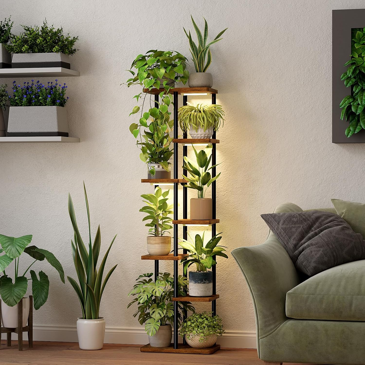 Bamworld Plant Stand With Grow Light for Indoor Plants Corner 7 Tier Metal Plant Shelf Wood Flower Stand for Home Living Room Decor Patio Decor