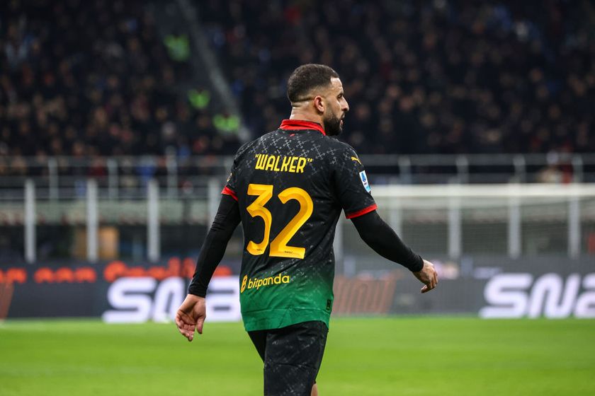 Kyle Walker of AC Milan looks on during the Serie A match between AC Milan and Verona at Stadio Giuseppe Meazza on February 15, 2025 in Milan, Italy.