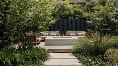 An outdoor bench surrounded by foliage