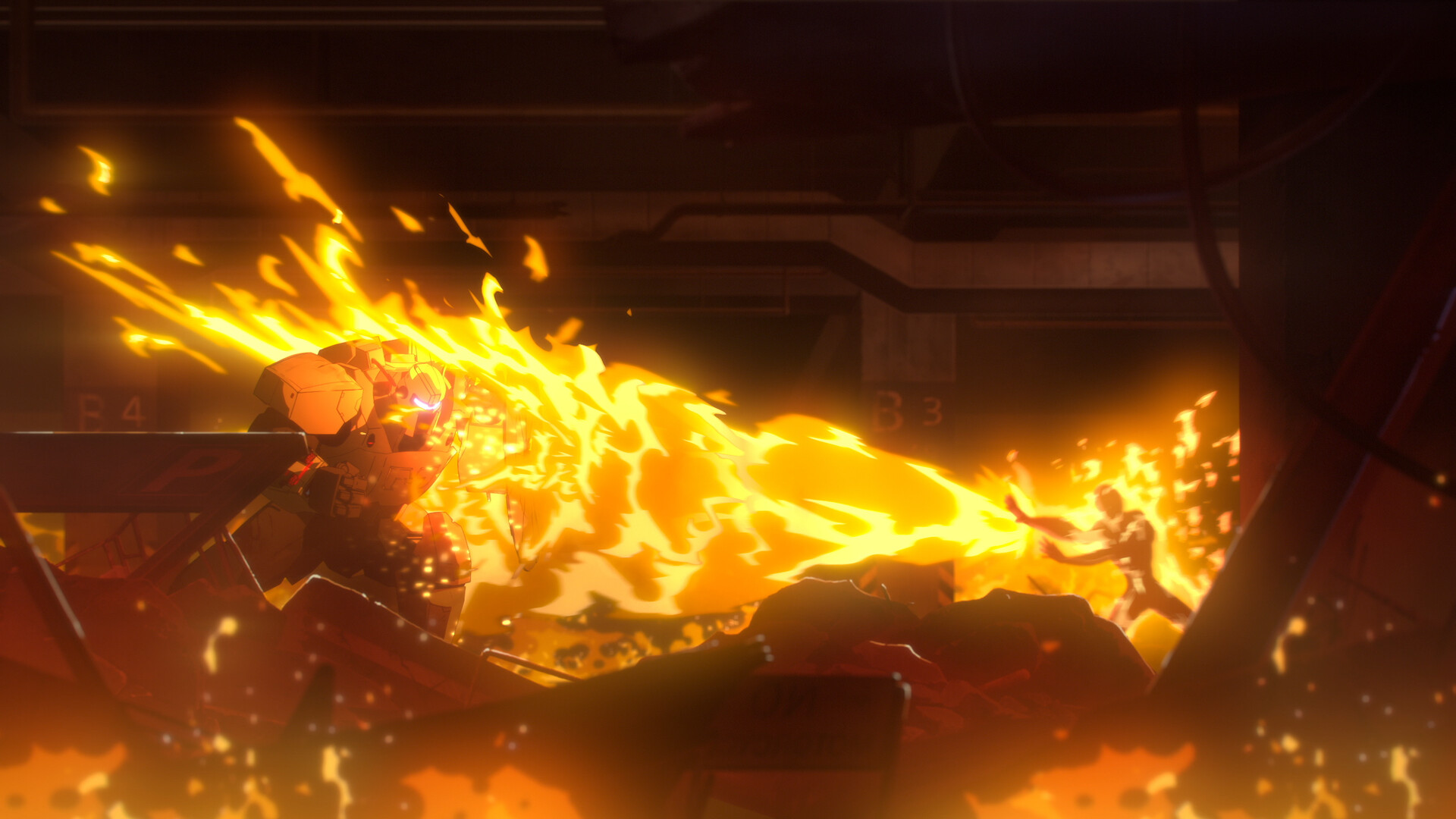Dispatch screenshot showing a large mech suit fighting against someone shooting a stream of fire