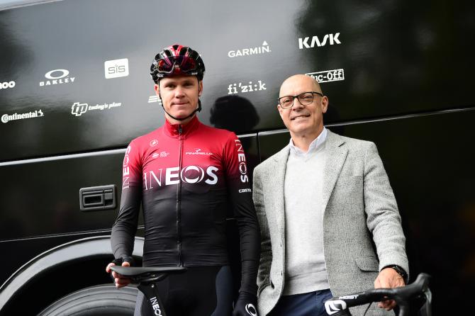 Chris Froome and Dave Brailsford outside the new bus