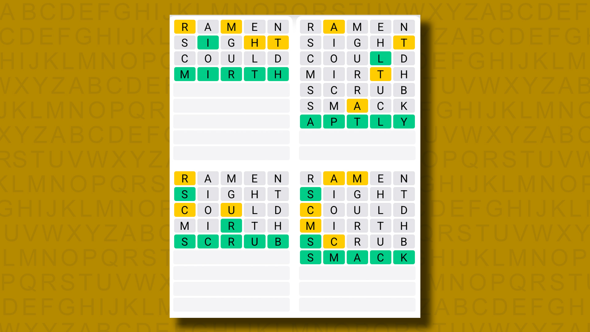 Quordle answers for game 1252 on a yellow background