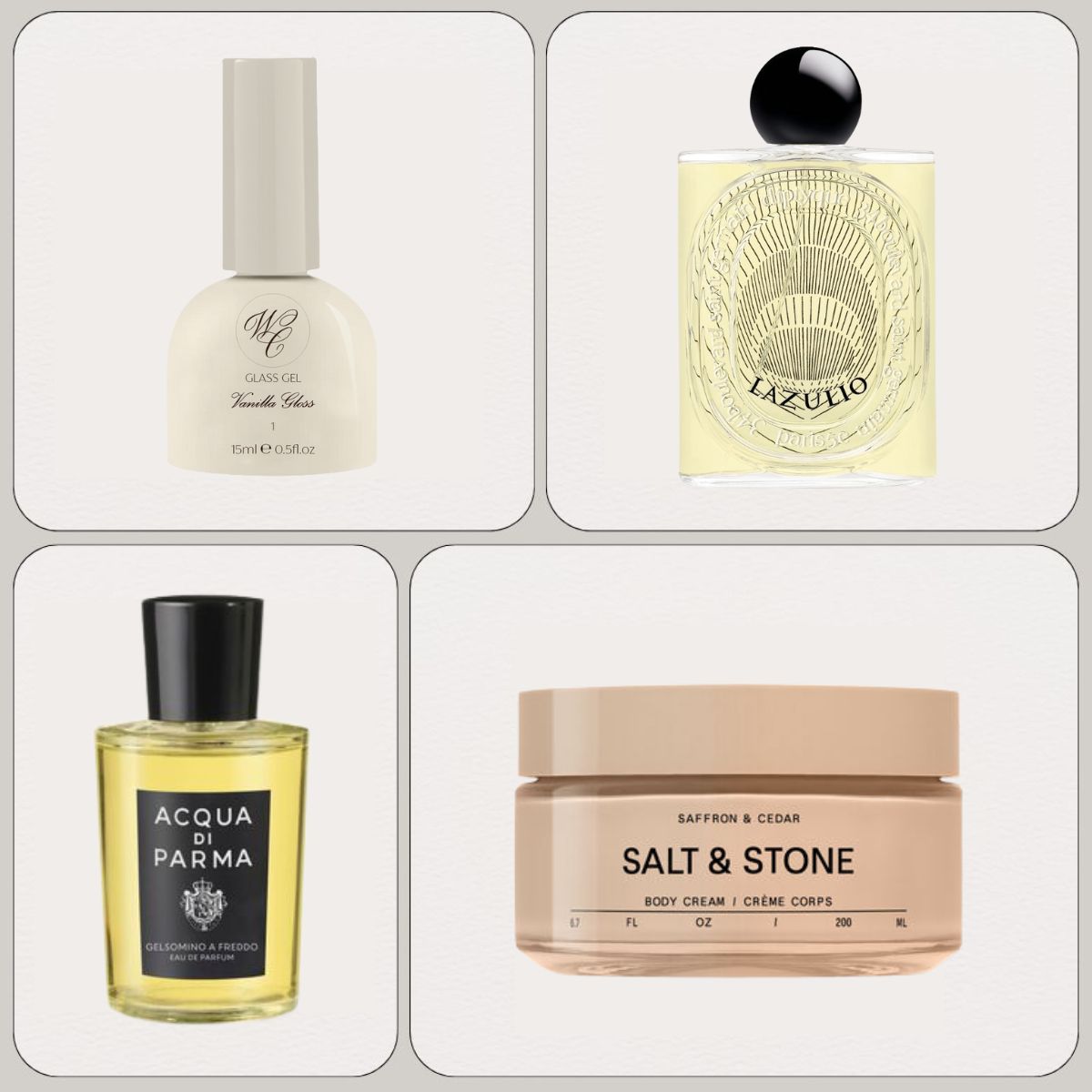 A graphic with Westmoreland Cosmetics, Diptyque, Acqua di Parma and Salt 
Stone products