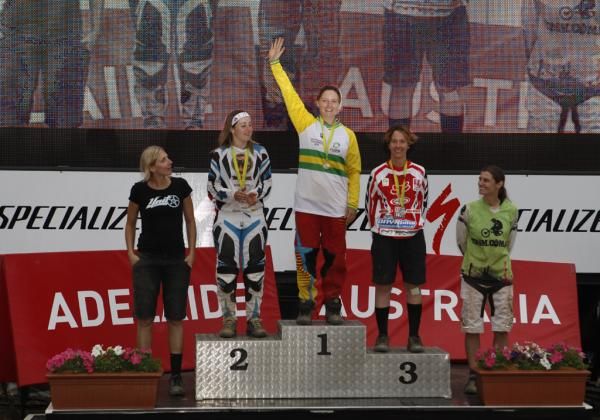 Elite women's downhill podium.