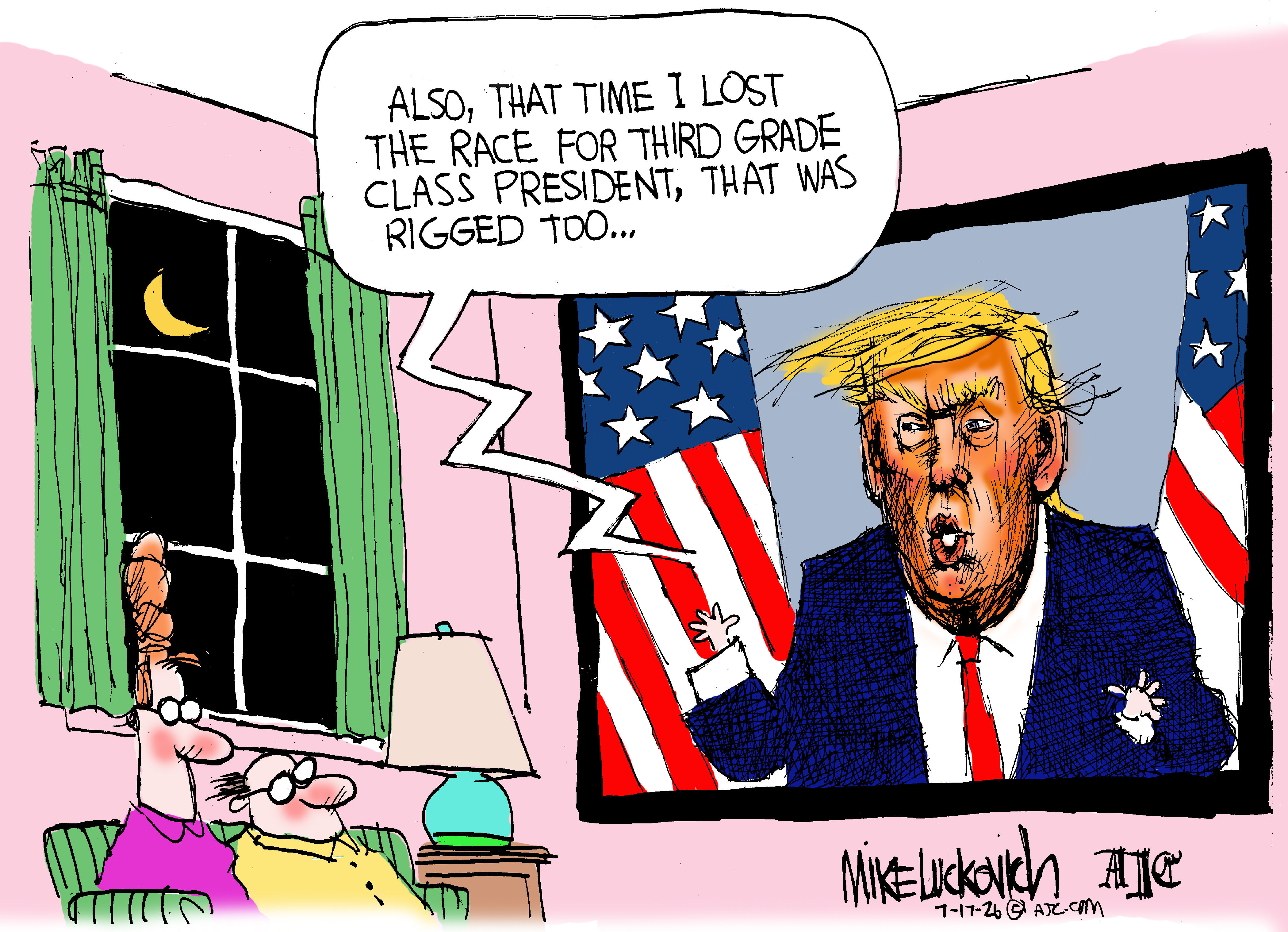 A woman and man are watching Donald Trump on television at night. Trump says, &amp;ldquo;Also, that time I lost the race for third grade class president, that was rigged too&amp;hellip;&amp;rdquo;