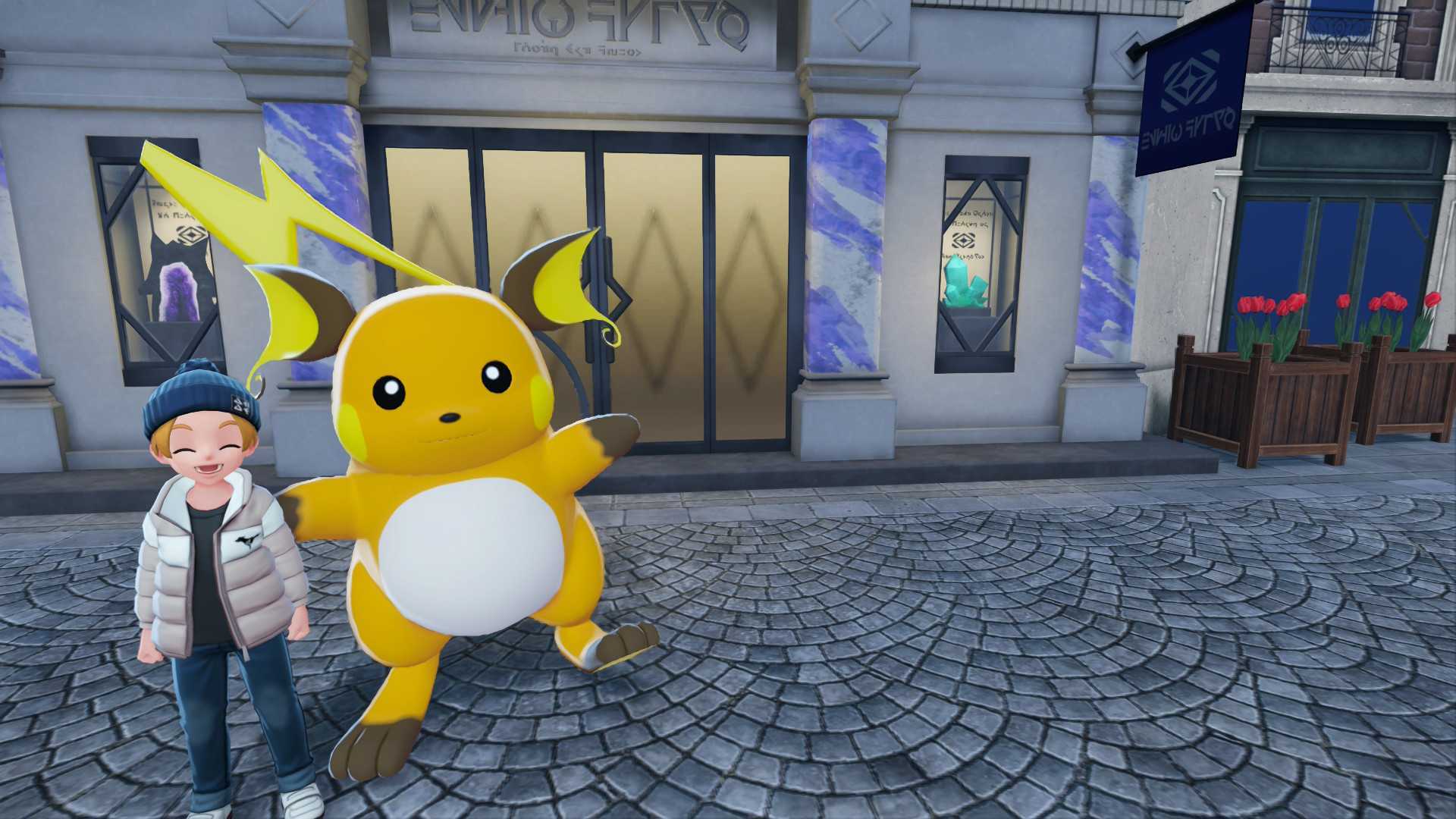 Raichu stood outside the Stone Emporium in Pokemon Legends: Z-A.