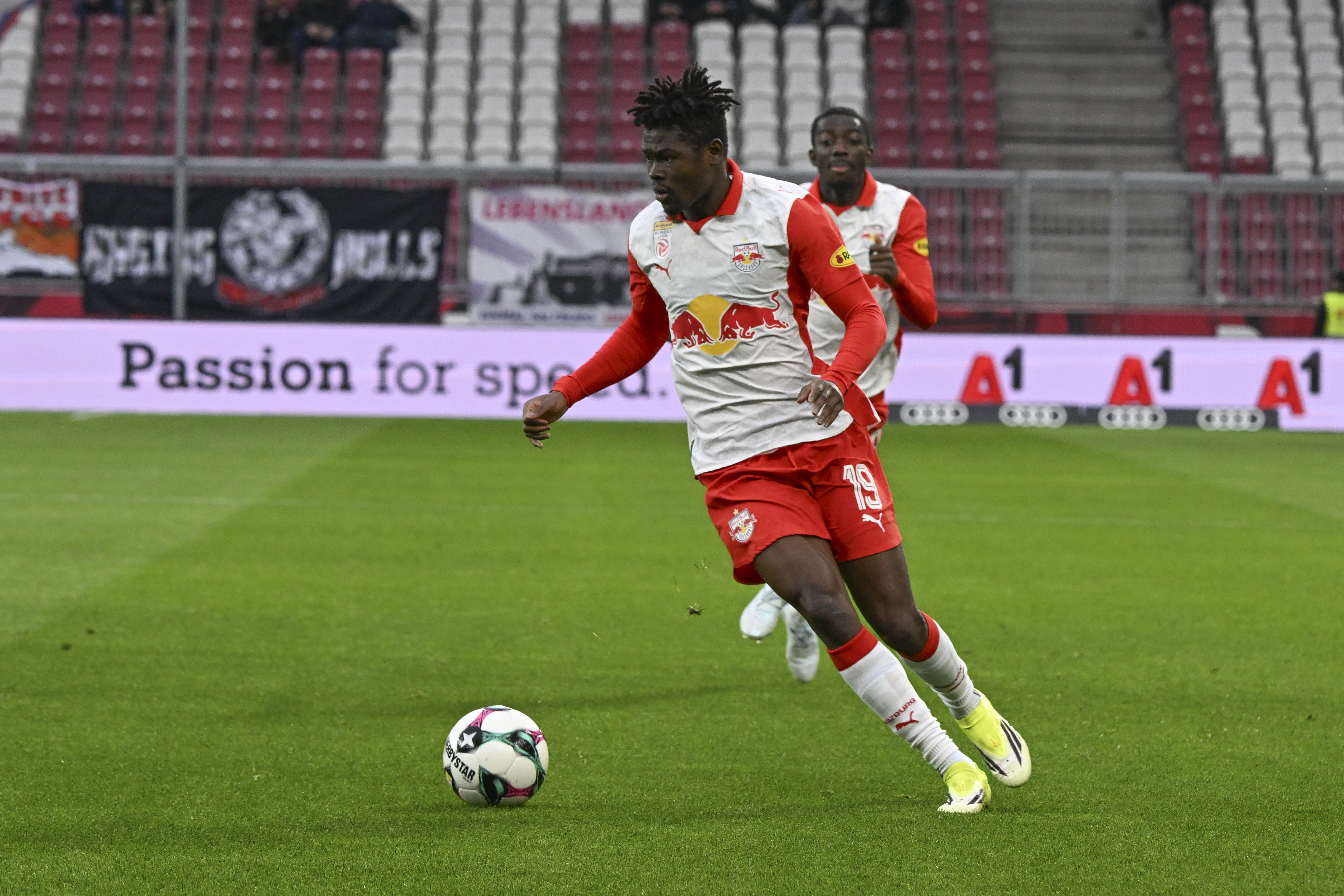 SALZBURG, AUSTRIA - MARCH 1: Karim Konate of Salzburg runs with the ball during the Admiral Bundesliga match between FC Red Bull Salzburg and TSV Egger Glas Hartberg at Red Bull Arena on March1, 2026 in Salzburg, Austria. (Photo by Hans Peter Lottermoser/SEPA.Media /Getty Images)