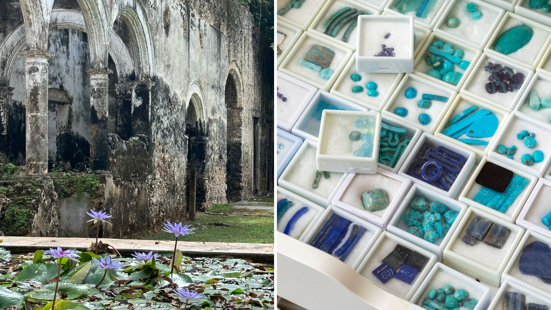 The ancient Mexican Uayamon hacienda and boxes of turquoise stones