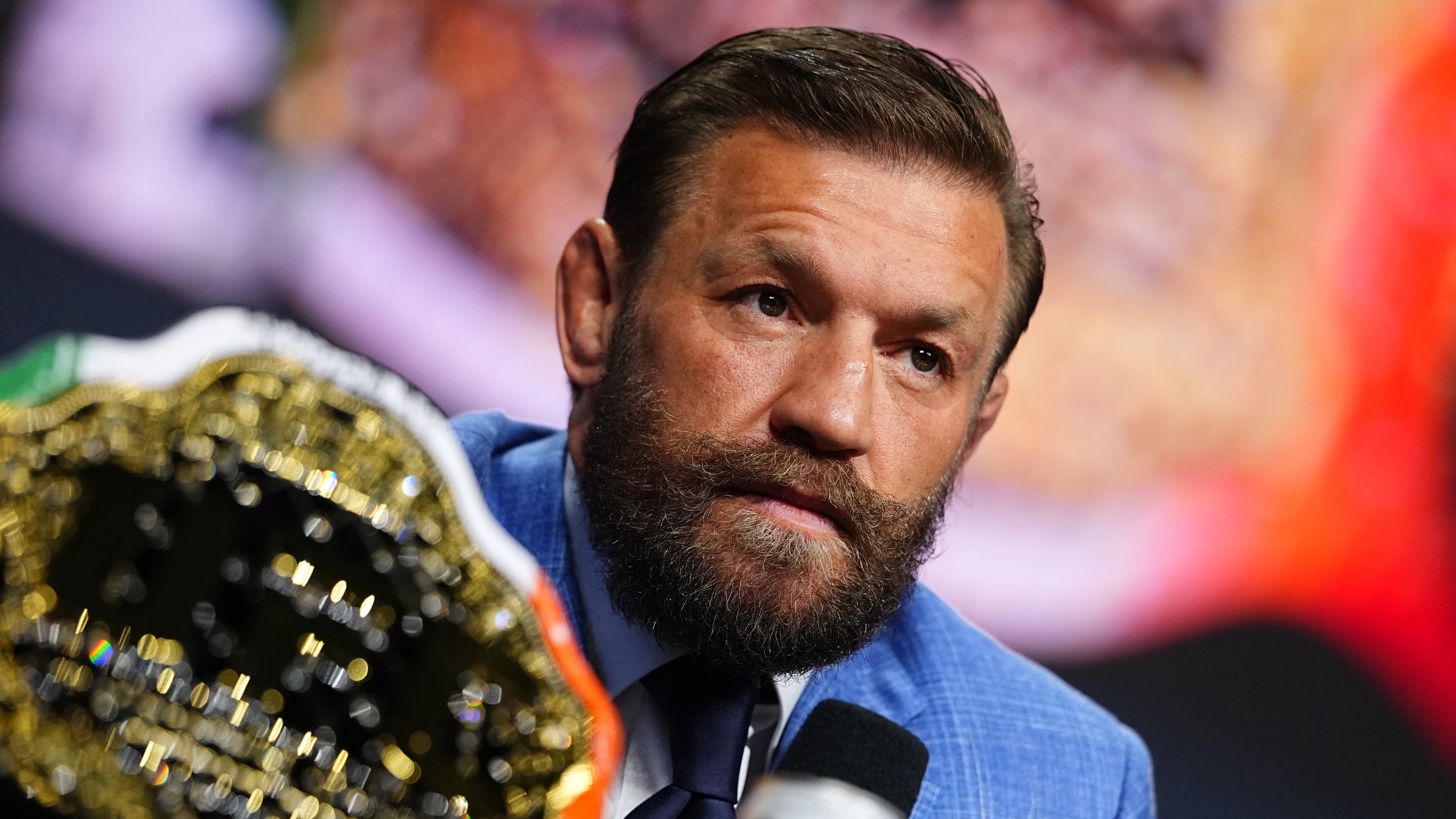 Conor McGregor speaks to media during the UFC 329 press conference at T-Mobile Arena on July 09, 2026 in Las Vegas, Nevada.