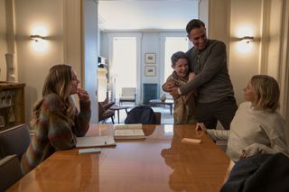 The Watcher. (L to R) Isabel Marie Gravitt as Ellie Brannock, Luke David Blumm as Carter Brannock, Bobby Cannavale as Dean Brannock, Naomi Watts as Nora Brannock in episode 107 of The Watcher.