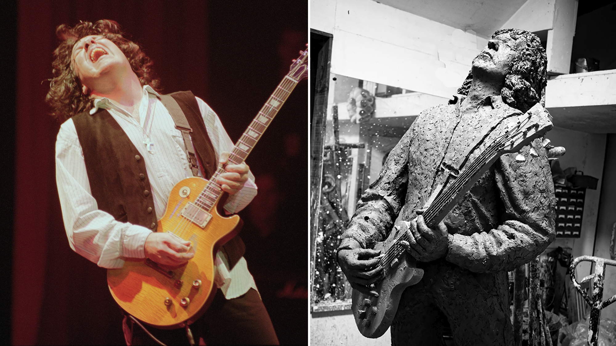 Northern Irish rock guitarist and musician Gary Moore (1952-2011) performs live on stage at Shepherd&#039;s Bush Empire in London in April 1995, AND a clay statue of Gary Moore