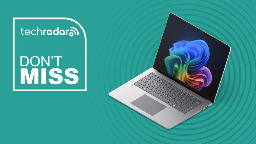 The Surface Laptop 7 on a cyan background with a TechRadar deals badge.