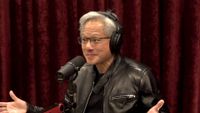 A screenshot from the Joe Rogan Experience #2422 podcast, showing Jensen Huang discussing Nvidia's early years in GPU design
