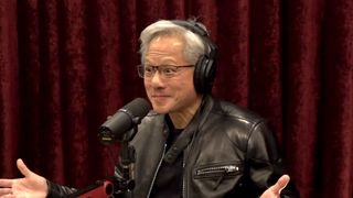 A screenshot from the Joe Rogan Experience #2422 podcast, showing Jensen Huang discussing Nvidia's early years in GPU design