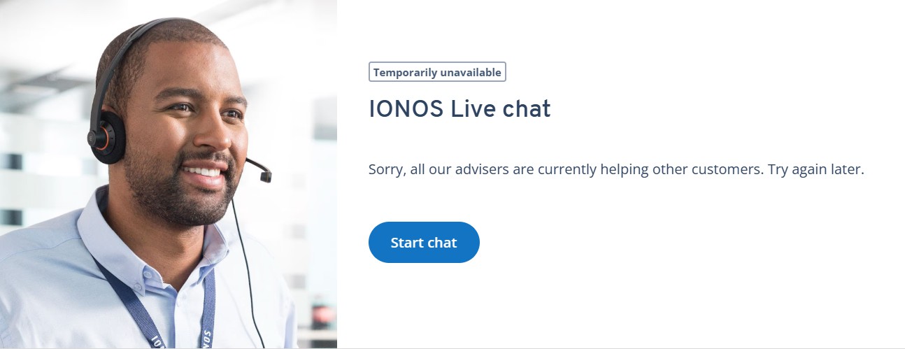 screenshot of IONOS live chat service being down