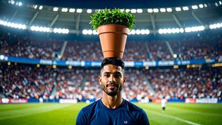 Adobe Firefly generated image of football player standing in football stadium with a plant pot on his head