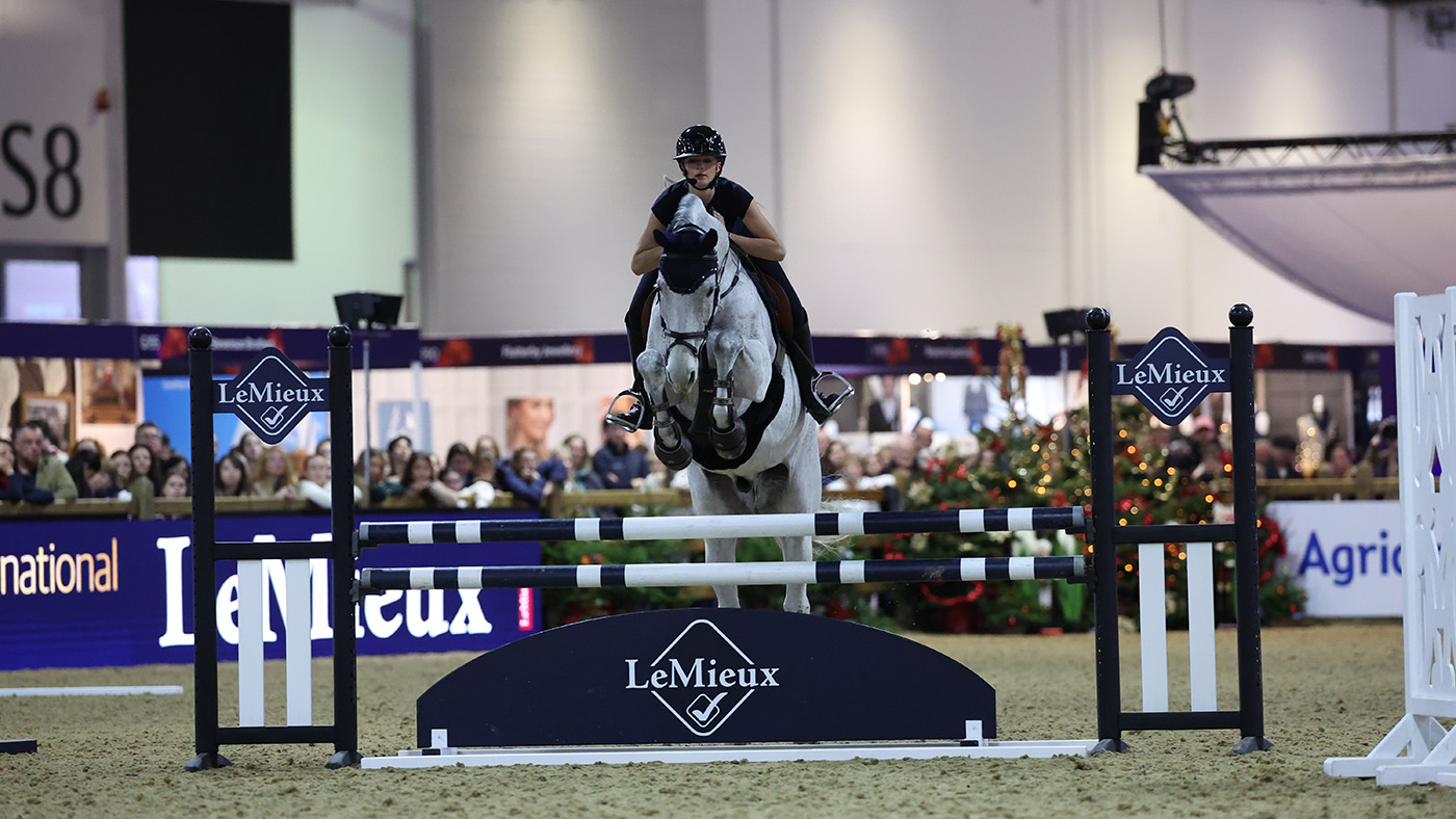 Showjumping training tips on offer &amp;ndash; Tabitha Kyle jumps a fence on Morginto during a masterclass at London International Horse Show 2024.