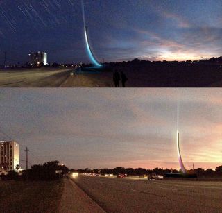 Artist renderings of the "Nassau Bay Spire" lit up at night, including an infinity light reaching upwards toward space.