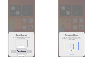 How to calibrate the color on your Apple TV with your iPhone by showing steps: Click Continue on the Color Balance prompt on your iPhone, Turn your iPhone so that the front camera faces your TV