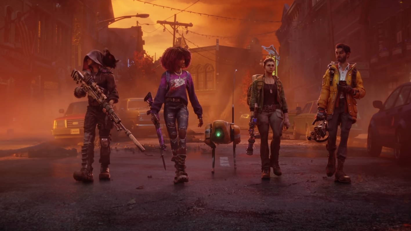Redfall - Dört karakter, küçük bir robot arkadaşıyla birlikte silah taşıyan yıkılmış bir şehir caddesinde yürüyor.