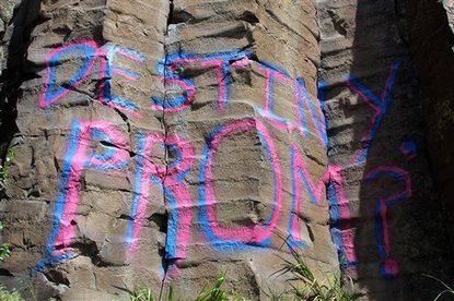 "Destiny, Prom?" written on a cliffside near Boise.