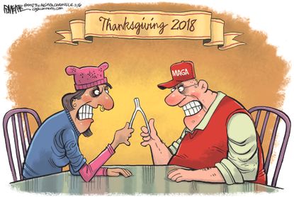 Political cartoon U.S. Thanksgiving 2018 MAG Trump wishbone liberal midterms