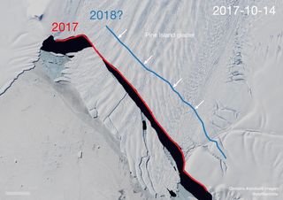 The red line shows where the 2017 Pine Island Glacier iceberg broke off. The blue line shows the newfound rift.