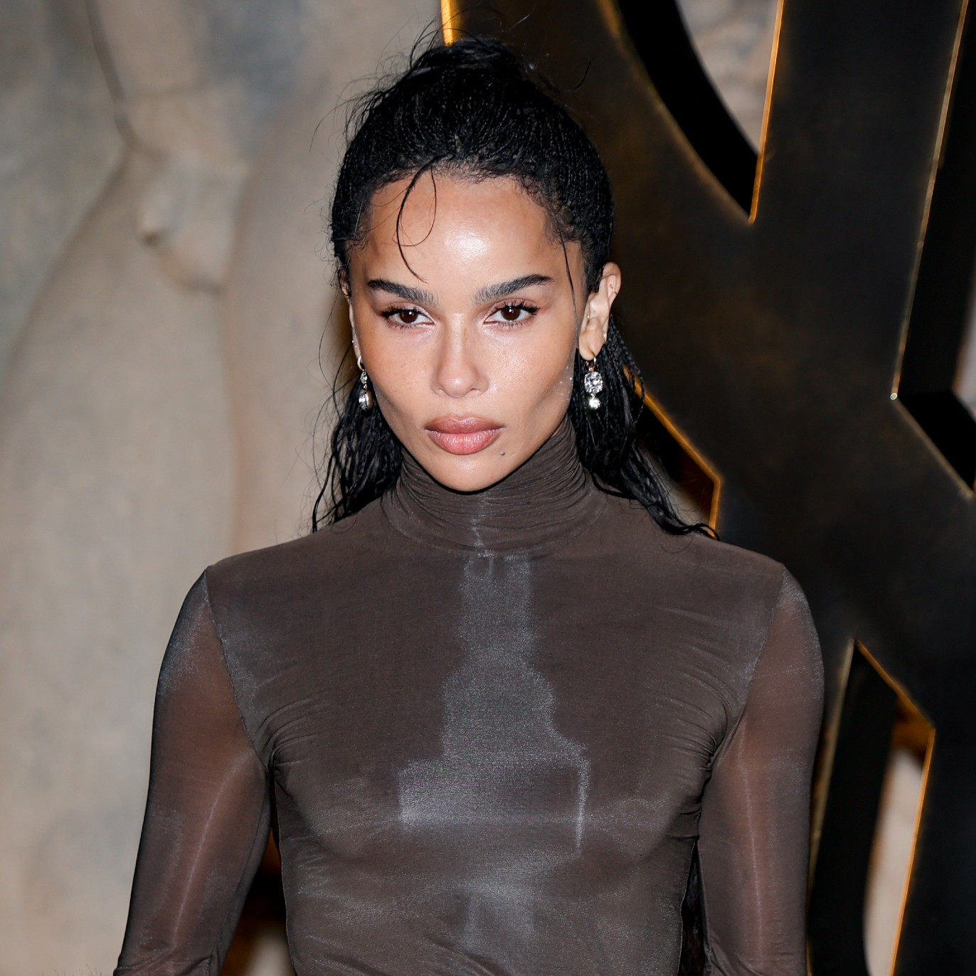 a light skinned woman with dark hair wearing a brown turtleneck top