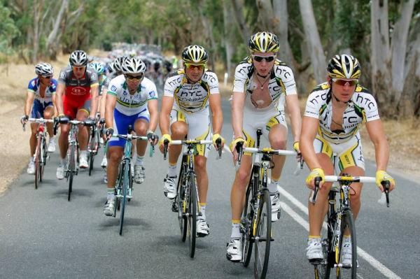 HTC-Columbia lead the peloton as it chases back the break.