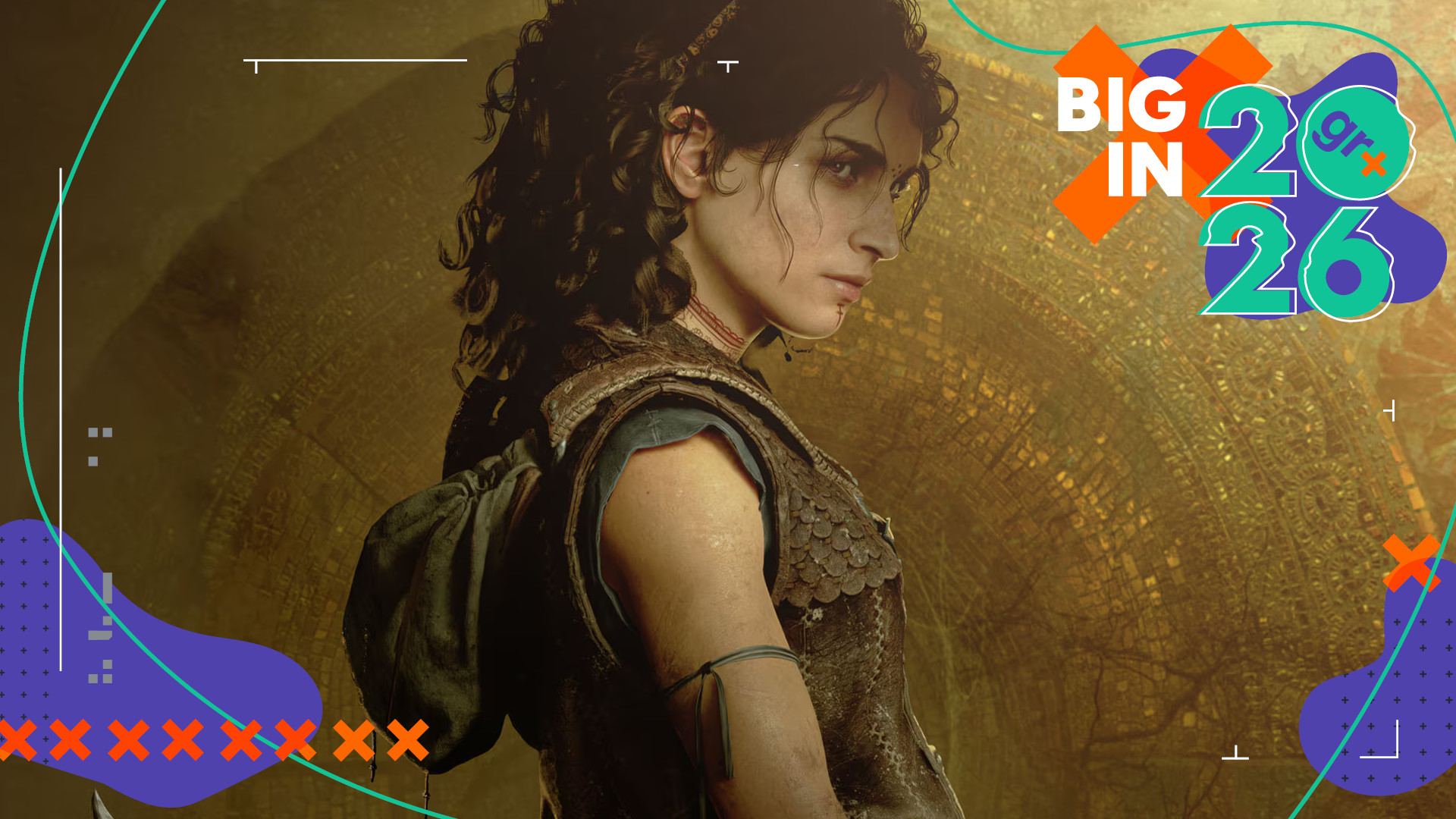 Key art for Resonance: A Plague Tale Legacy with Sophia standing in front of a labyrinth-style mural with a curved sword, with the GamesRadar+ Big in 2026 brand frame